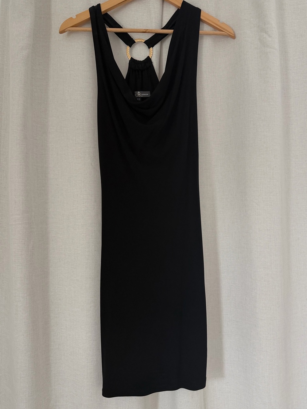 Alexia Admor Cowl Neck Black Stretchy Halter Dress with Gold Ring in back S